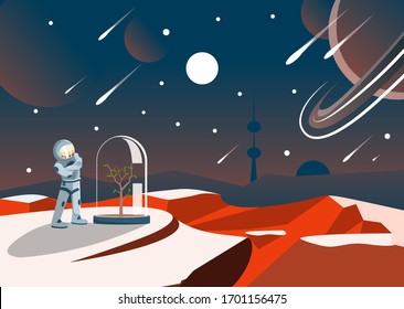 
Astronaut planted a tree on Mars landscape. Space mission to terraform the planet. Vector illustration design style