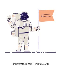 Astronaut planting flag flat vector illustration. Male cosmonaut wearing spacesuits, making peace sign isolated cartoon character on white background. Cosmos exploring. Crew member of spacecraft