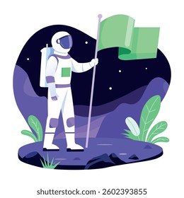 Astronaut planting flag on space flat style illustration 
