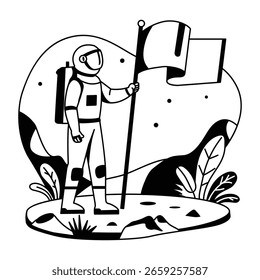 Astronaut planting flag on space glyph style illustration 