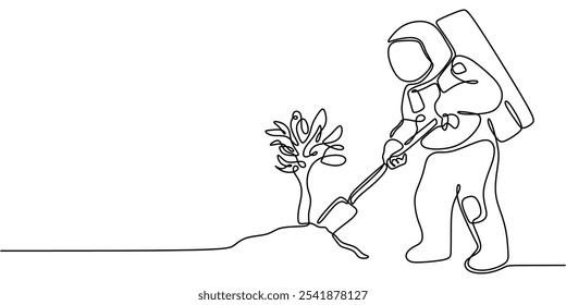 Astronauta plantando en el espacio en un dibujo continuo de una línea. Concepto de exploración espacial minimalista con un enfoque en la sostenibilidad.