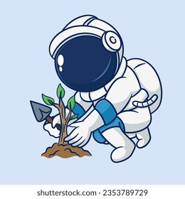 astronaut is planting a tree Cartoon Vector Icon Illustration. Science Nature Icon Concept Isolated Premium Vector. Flat Cartoon Style