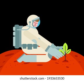 Astronaut is planting tree on Mars. spaceman planting plant