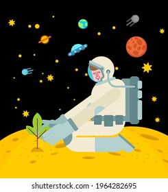 Astronaut is planting tree on moon. spaceman planting plant