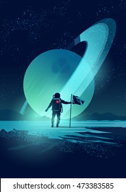 An Astronaut plants a flag on a distant planet set against a gas giant ringed planet. Vector illustration