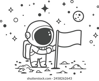 Astronaut plants a flag on the lunar surface. - Coloring page for children. Hand drawing vector illustration in black outline on a white background.