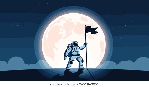 Astronauta planta bandeira na Lua com vasto universo atrás de um céu luar gigante
