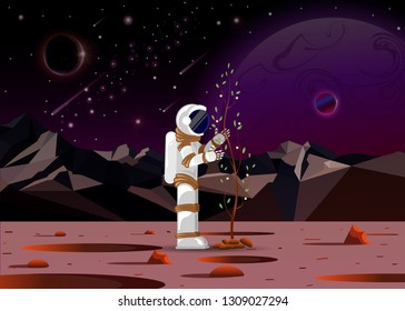 Astronaut plants a tree on a distant planet in open space