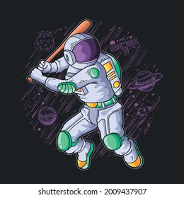 astronaut play base ball in the galaxy illustration