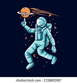 Astronaut Play Planet On Hand Space Background Vector Illustration Design