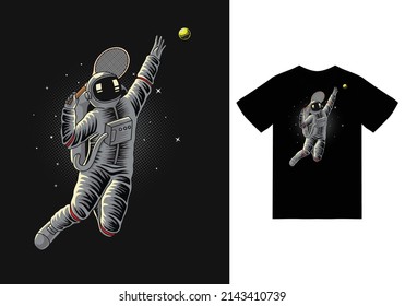 Astronaut play tennis in space illustration with tshirt design premium vector The Concept of Isolated Technology. Flat Cartoon Style Suitable for Landing Web Pages, Banners, Flyers, Stickers, Cards