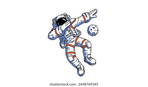 Astronauta em uma pose de pincelada divertida com um pequeno corpo celeste flutuando próximo no espaço exterior