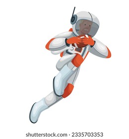 Astronaut playing American football or rugby vector illustration. Cartoon isolated spaceman in spacesuit and helmet flying in zero gravity, astronaut jumping, running to catch ball in weightlessness