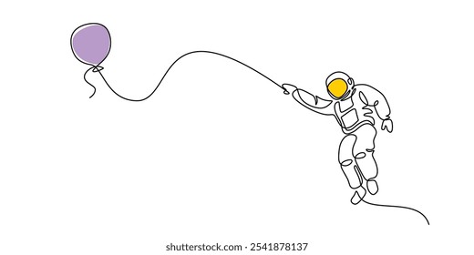 Astronaut playing with balloons in space in continuous one line drawing. Minimalist space exploration and fun concept.