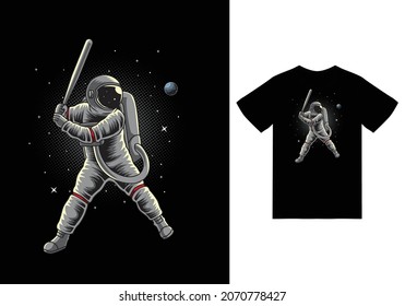 Astronaut Playing Baseball On Space Illustration With Tshirt Design Premium Vector The Concept Of Isolated Technology. Flat Cartoon Style Suitable For Landing Web Pages, Banners, Flyers, Stickers