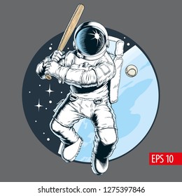 Astronaut Playing Baseball In Space. Vector Illustration.