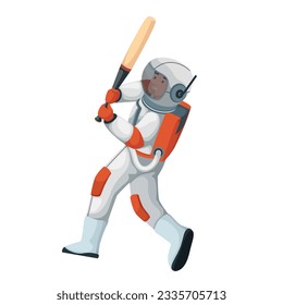 Astronaut playing baseball vector illustration. Cartoon isolated hitter spaceman in spacesuit and helmet swinging with bat, astronaut baseball player running and jumping in zero gravity to hit ball