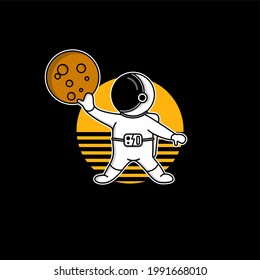 Astronaut Playing basket With Planet Moon Cartoon Vector Illustration Design