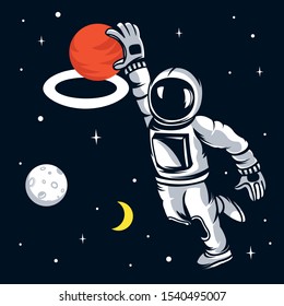 Astronaut playing basketball in outer space, vector illustration.