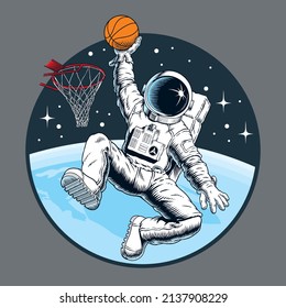 Astronauta jugando baloncesto en el espacio exterior. Ilustración vectorial de estilo de libro de historietas.