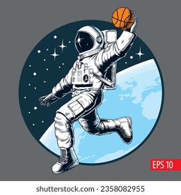 Astronaut playing basketball in outer space, stars and planet on the background. Good for poster, banner or t-shirt design. Vector illustration.