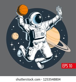 Astronaut playing basketball in space. Vector illustration.