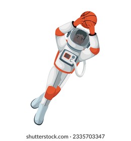 Astronaut playing basketball vector illustration. Cartoon isolated spaceman in suit for outer space flight and helmet flying in zero gravity, astronaut running with ball to play sport game in cosmos