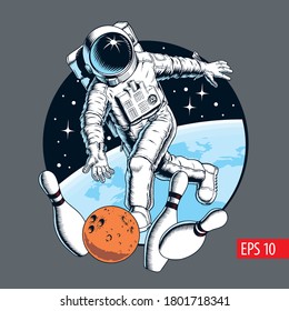 Astronaut playing bowling in space. Vector illustration.