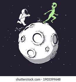 Astronaut playing catch-up with an alien.Vector illustration