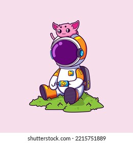 The astronaut is playing with the cute alien and sitting on the astronaut's helmet of illustration