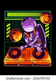 Astronaut playing dj in space illustration with Isolated Technology Concept t-shirt design premium vector. Flat Cartoon Style Suitable for Landing Web Pages, Banners, Flyers, Stickers, Cards, clothing