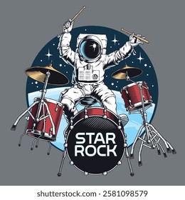 Astronaut playing drums in the outer space. Star rock percussion concert or party, comic style hand drawn vector illustration