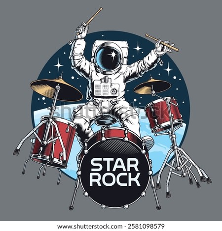 Astronaut playing drums in the outer space. Star rock percussion concert or party, comic style hand drawn vector illustration