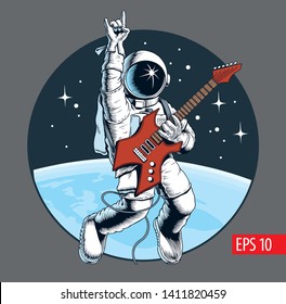 Astronaut playing electric guitar in space and gesturing devil horns sign. Space tourist. Vector illustration.