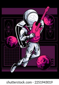 astronaut playing electric guitar in space, modern vector design. using cyberpunk colors, street wear design concept. suitable for printing on t-shirts, clothing, apparel, merchandise.