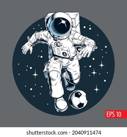 Astronaut playing football or soccer in outer space. Player dribbling a ball. Print, poster or banner. Comic style vector illustration.