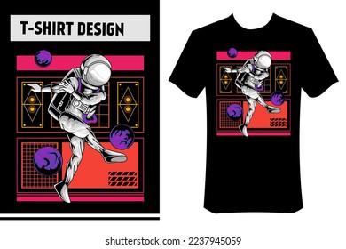 astronaut playing football in space, with planet, illustration t-shirt design concept, premium vector illustration. perfect for t-shirt design, apparel, merchandise, stickers, banners, posters.