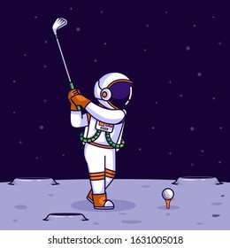 Astronaut playing golf on the moon, vector cartoon illustration