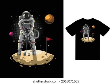 Astronaut Playing Golf On The Moon Illustration With Tshirt Design Premium Vector The Concept Of Isolated Technology. Flat Cartoon Style Suitable For Landing Web Pages, Banners, Flyers, Stickers