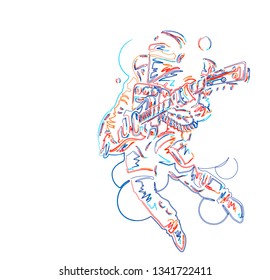 Astronaut in Playing Guitar, 3d Color line art ( RGB ) vector illustration.