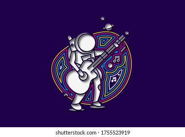 Astronauta en guitarra, ilustración del vector de esbozo dibujado a mano.