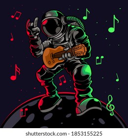 Astronaut playing guitar with metal symbol hand gesture. Cool dude astronauts spaceman play astro rock on electric guitar on a planet. Vector illustration for t-shirt prints, posters and other uses.