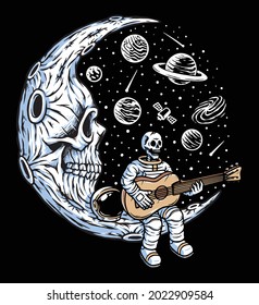 Astronaut Playing Guitar On Skull Moon