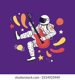 Astronaut spielt Gitarre im All. Cartoon Vektor fliegender Musiker Kosmonaut im Raumanzug. Interstellarer Charakter-Gitarrist, der mit Sternen und Planeten in der Galaxie in die Höhe schießt. Fantasie kosmische Technologie