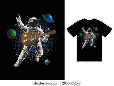 Astronaut playing guitar in space illustration with tshirt design premium vector the Concept of Isolated Technology. Flat Cartoon Style Suitable for Landing Web Pages, Banners, Flyers, Stickers, Cards