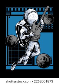 Astronaut playing guitar in space illustration with Isolated Technology Concept t-shirt design premium vector. Flat Cartoon Style Suitable for Landing Web Pages, Banners, garments, Stickers, apparel