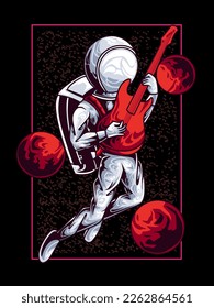 Astronaut playing guitar in space illustration with tshirt design premium vector the Concept of Isolated Technology. Flat Cartoon Style Suitable for Landing Web Pages, Banners, Flyers, Stickers, Cards