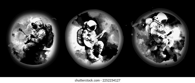 Astronaut playing guitar in space. Space tourist. Vector illustration.