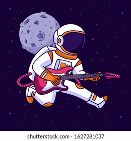 Astronaut playing guitar in space, vector cartoon illustration