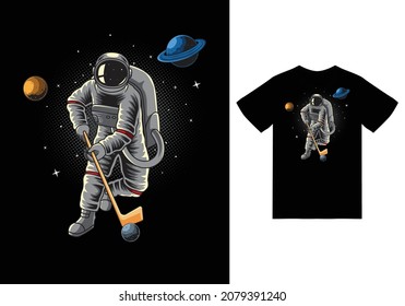 Astronaut playing hockey in space illustration with tshirt design premium vector the Concept of Isolated Technology. Flat Cartoon Style Suitable for Landing Web Pages, Banners, Flyers, Stickers, Cards